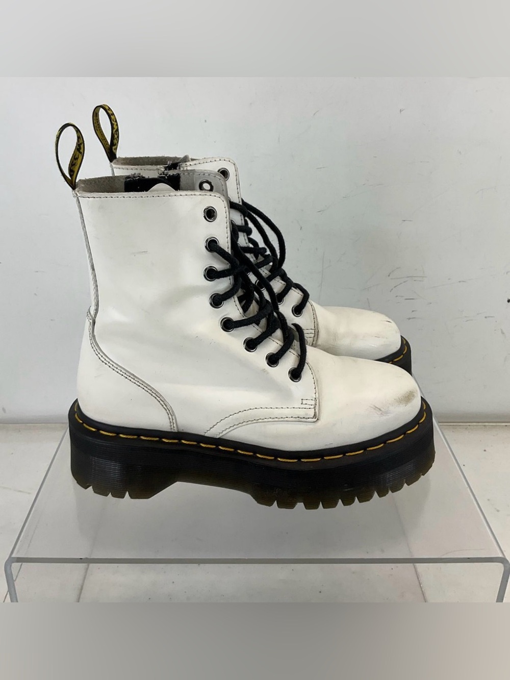 Dr. Martens White Leather Platform Lace-Up Boots with Yellow Stitching